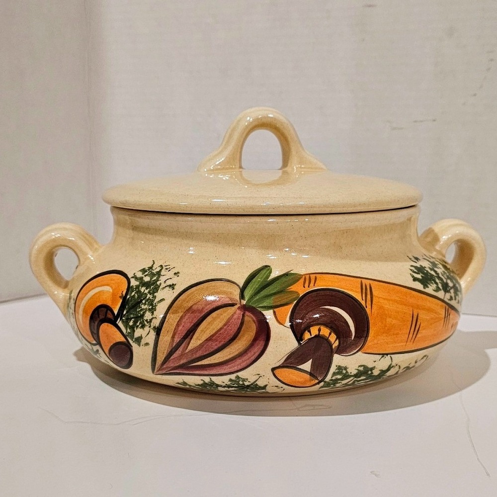 Vintage 1970s Los Angeles Pottery Vegetable Soup Tureen MCM Signed Hand Painted